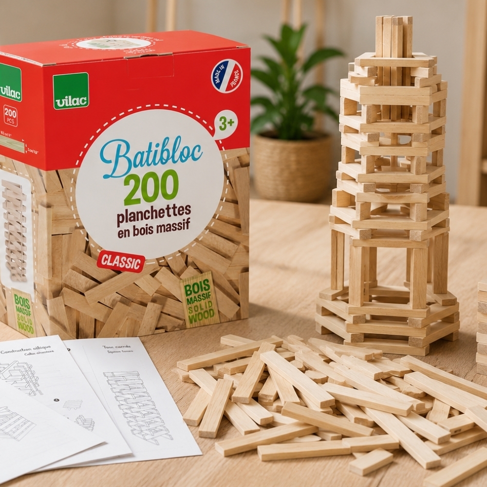 Fabrication française - Jeu de construction en bois, Batibloc Classic 200 planchettes